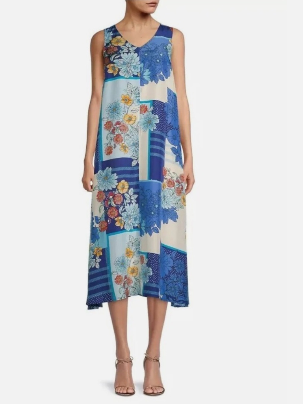 Johnny Was Josy Lynn Sleeveless Blue Floral Patchwork Silk Midi Dress Size: 2X